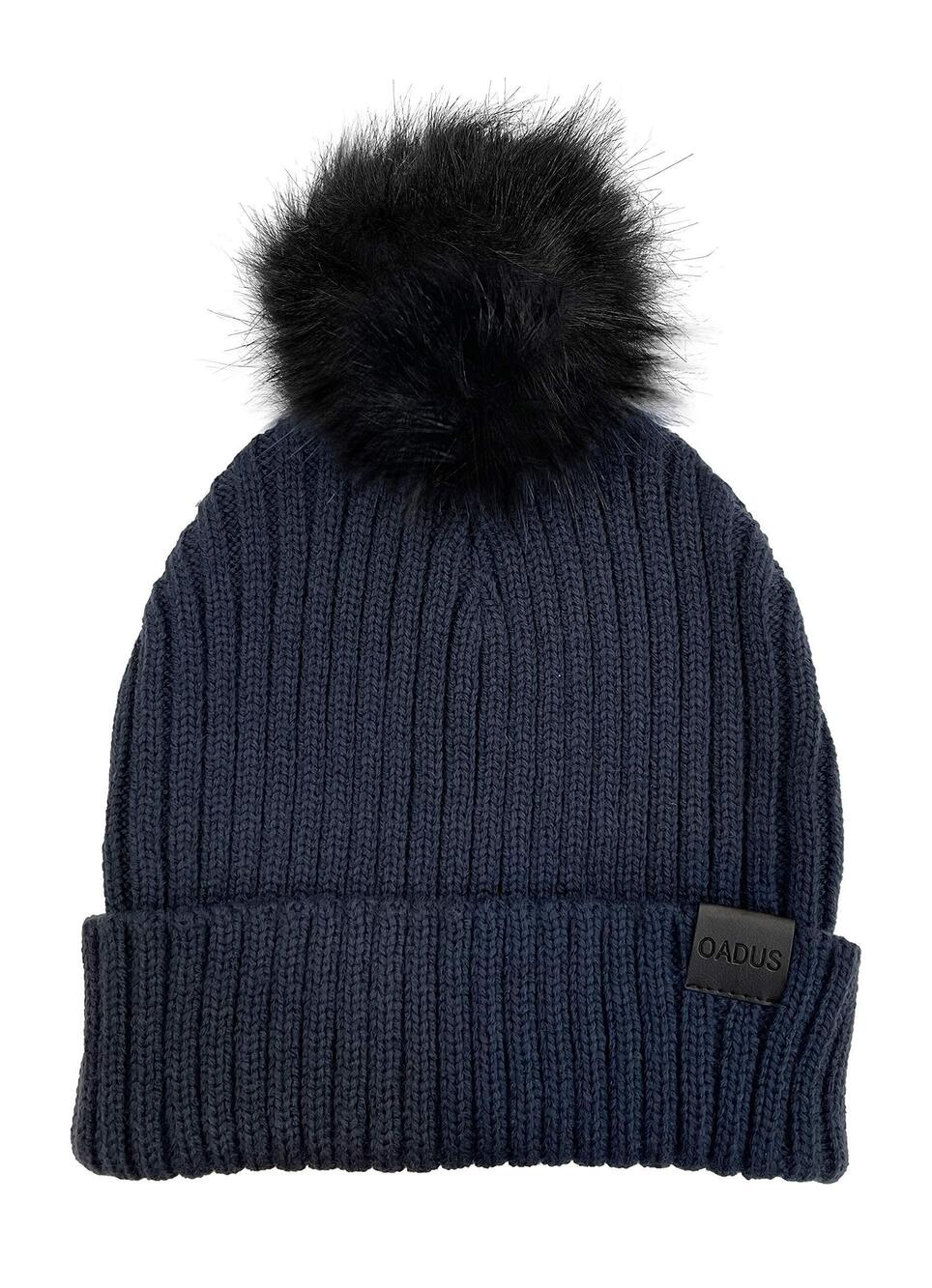 7701 Slouchy Winter Beanie Hat with Removable Faux Fur Pom, Navy/Black Pom